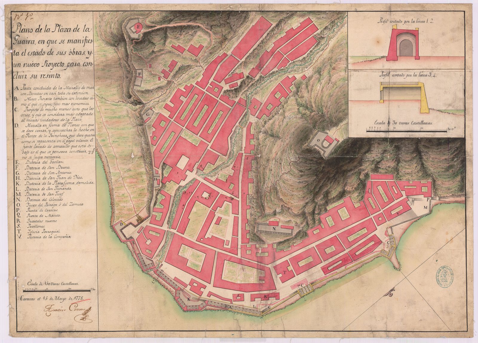 Plano acuarelado de la plaza fortificada de La Guaira firmado por Agustín Crame en 1778, con dos perfiles de la muralla