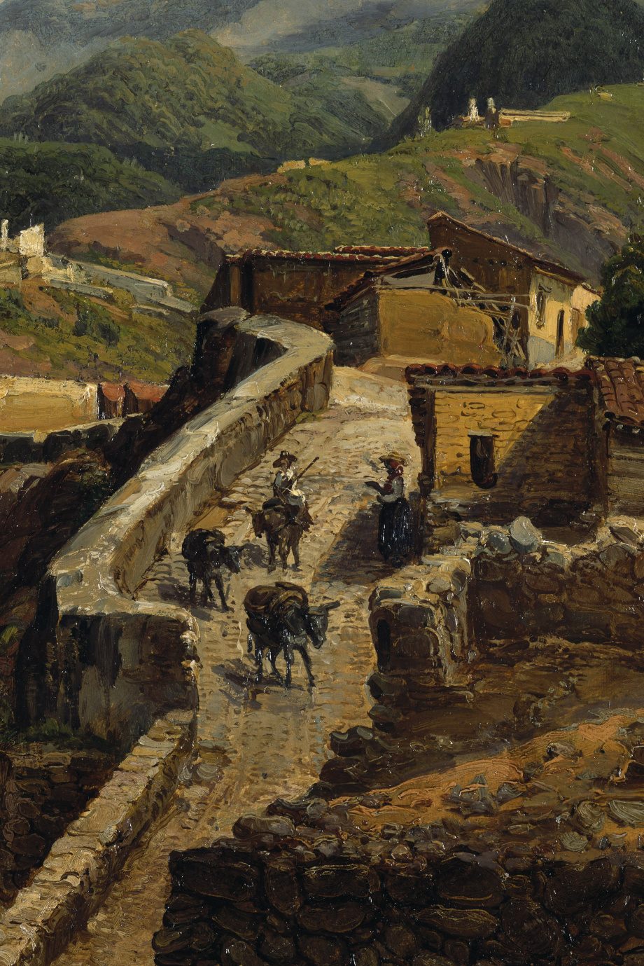 Calle de La Guaira por Ferdinand Bellermann (1842-1845): casas con muros encalados y balcones corridos de madera, con el cerro al fondo