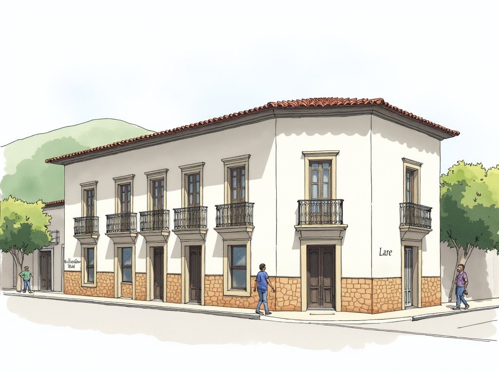 Fachada del prototipo a la calle: envolvente encalada, zócalo de piedra, ventanas verticales con balcones y cubierta de teja