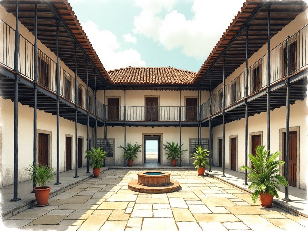 Patio del prototipo con columnata de acero en dos niveles, corredores y cubierta de teja